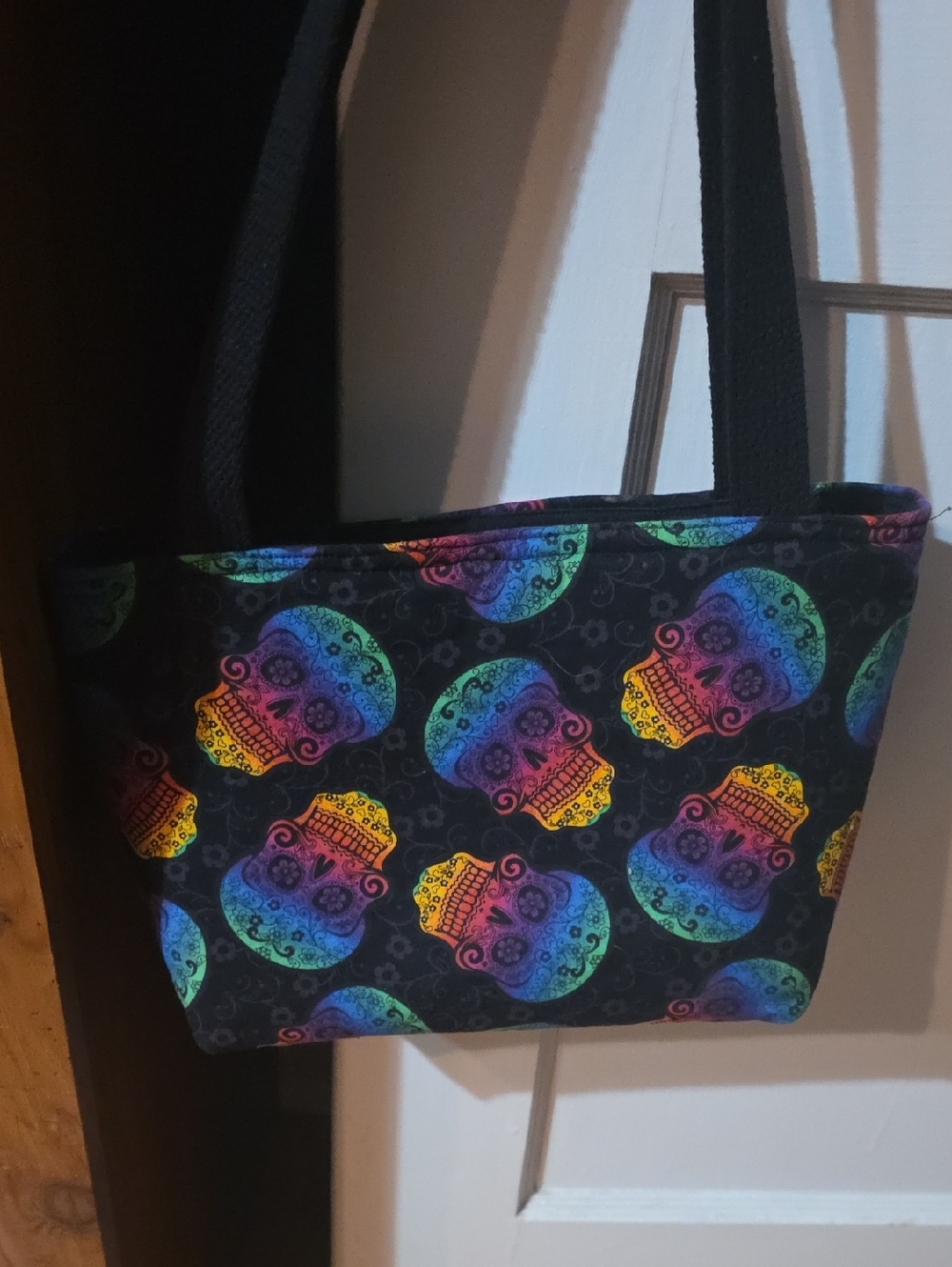 Black Tote Bag with Rainbow Sugar Skull Print
